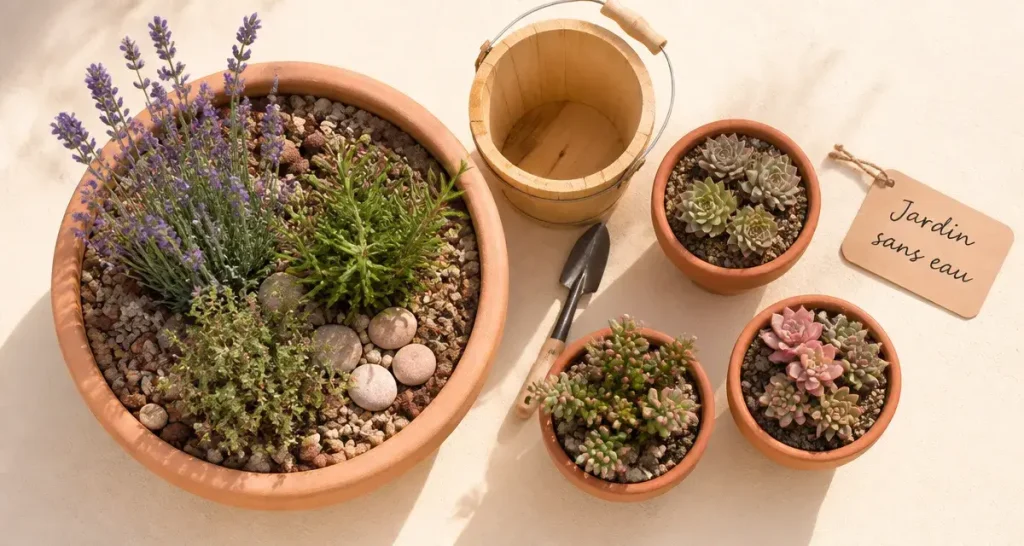 Plantes plein soleil sans arrosage : lavande, romarin, thym en jardin sec en terre cuite