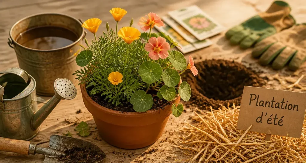 Que planter en juillet août fleurs : pavot de Californie et capucines, jardin résistant