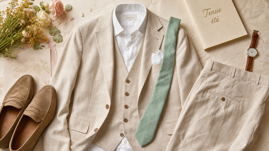 Tenue mariage homme été en lin beige, chemise crème et cravate menthe