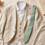 Tenue mariage homme été en lin beige, chemise crème et cravate menthe