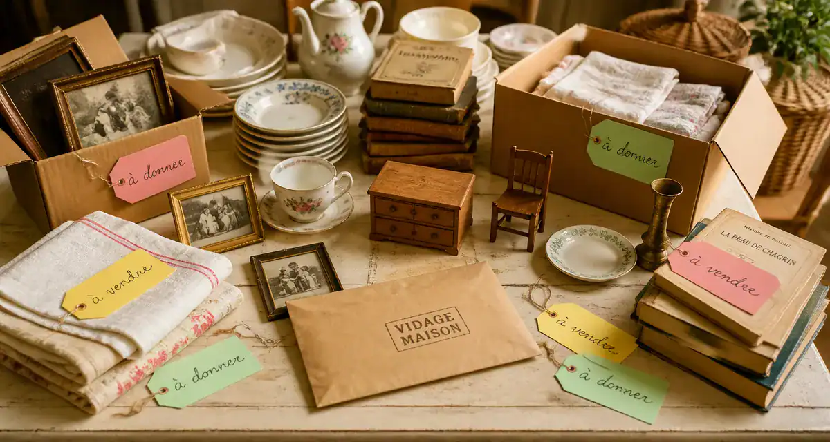 Vidage maison, objets triés sur table