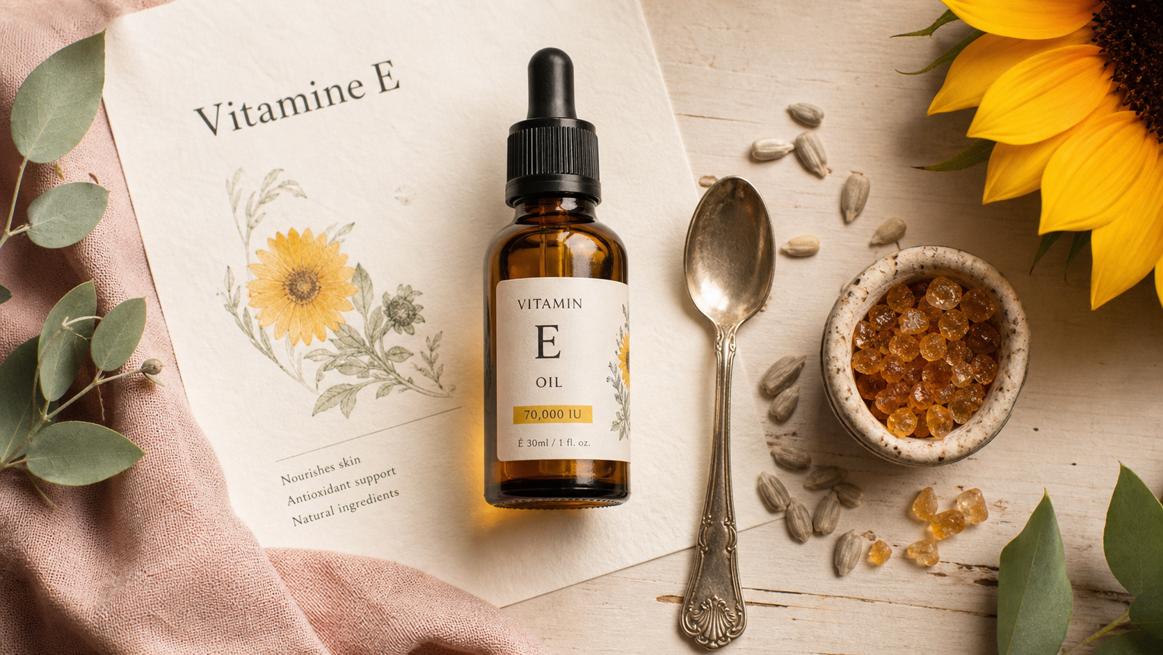 Bienfaits vitamine e pour la peau : huile de vitamine E et graines de tournesol