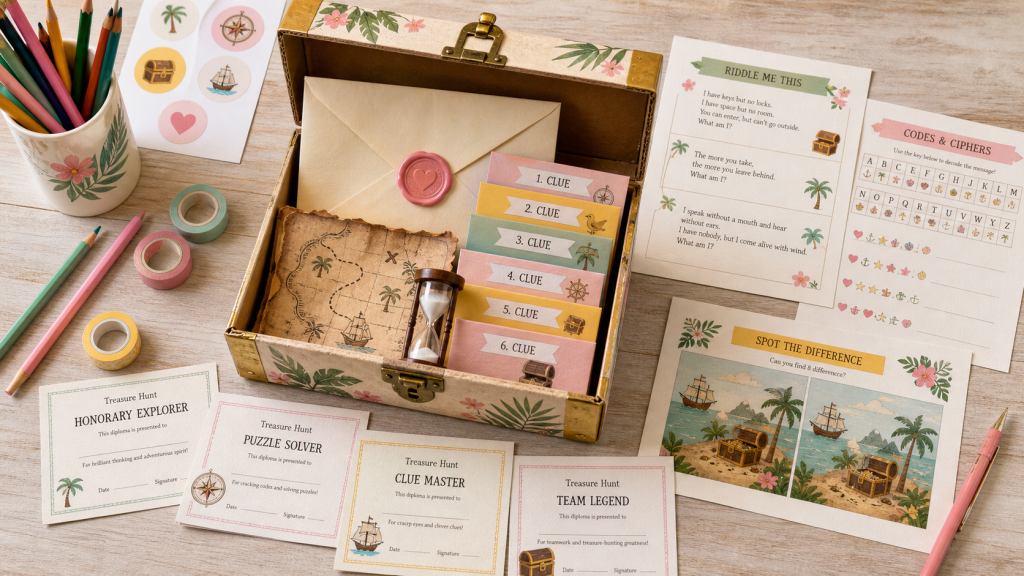 Chasse au tresor enfant : coffre ouvert, enveloppes d’indices et sablier sur une table