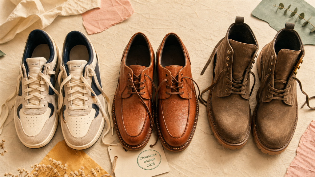 Chaussure homme tendance 2025 : sneakers rétro, derby cognac et boots cuir