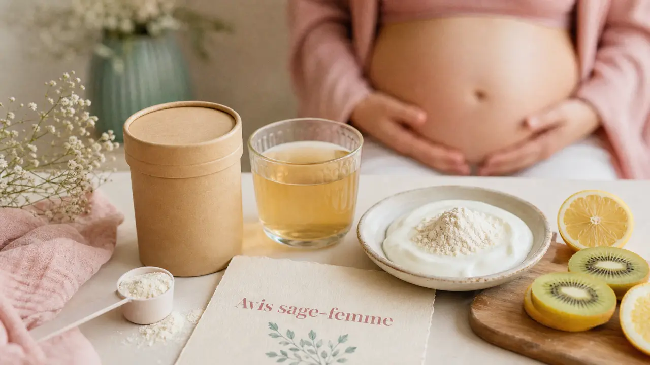 Collagène et grossesse : pot de collagène et avis sage-femme sur table