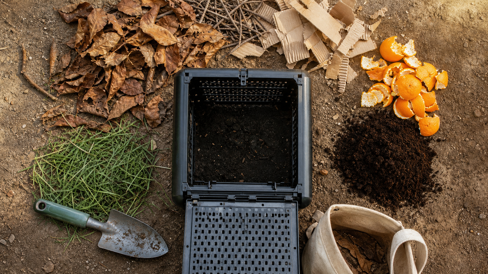 Compstpoeur jardin noir ajouré ouvert sur sol avec déchets verts et bruns
