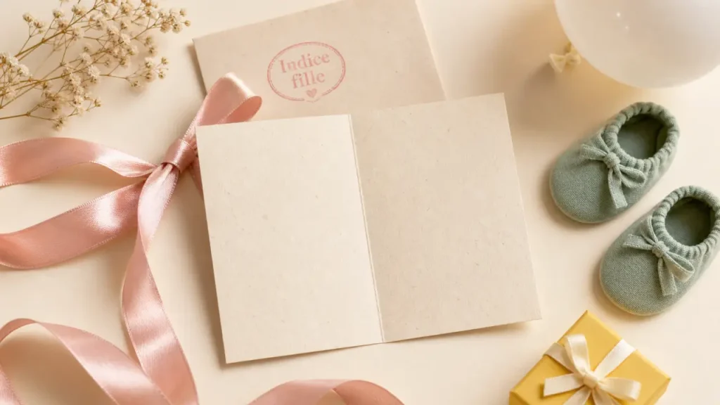 devinette pour annoncer une fille ou garçon : carte, ruban rose et chaussons