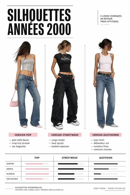 Inspiration tenue annee 2000 avec silhouettes Y2K, jean taille basse, pantalon cargo, crop top et sac baguette