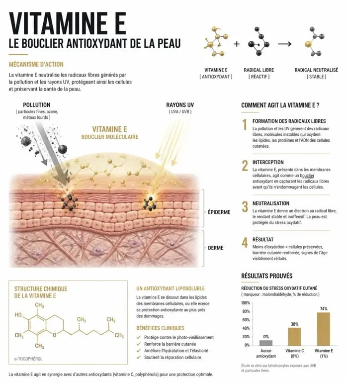 Infographie expliquant les bienfaits de la vitamine E pour la peau et son action antioxydante