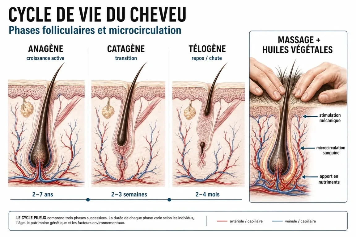 Infographie sur le cycle de vie du cheveu et les bienfaits des huiles pour la pousse des cheveux