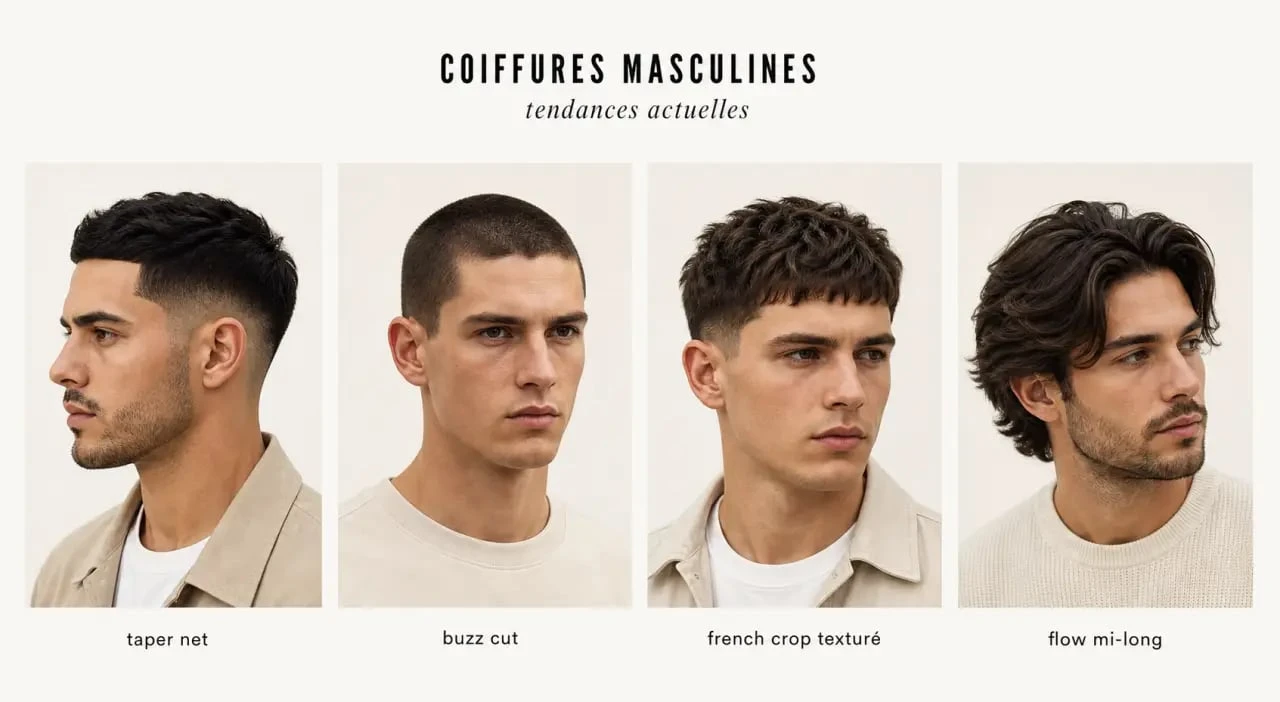 Coupe homme tendance avec quatre styles masculins modernes en composition éditoriale