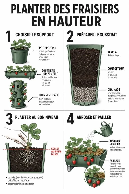 Plantation fraisier en hauteur : support, mise en pot, arrosage et paillage