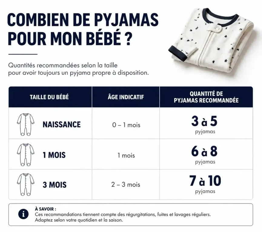 Tableau récapitulatif du nombre de pyjamas 1 mois et autres tailles à prévoir pour la naissance de bébé