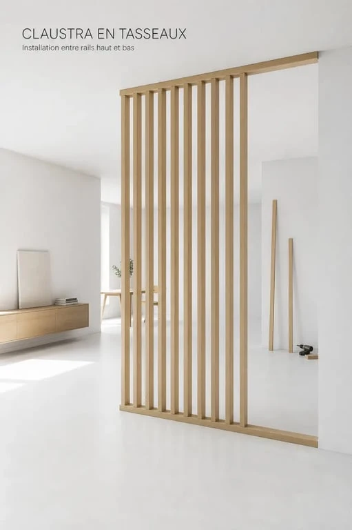 Installation d'un claustra en tasseaux de bois pour séparer une pièce