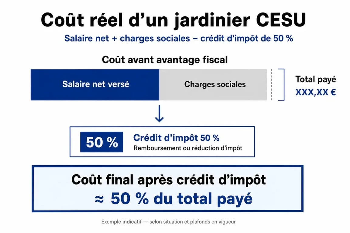 Infographie sur le coût réel d'un jardinier CESU avec crédit d'impôt de 50%