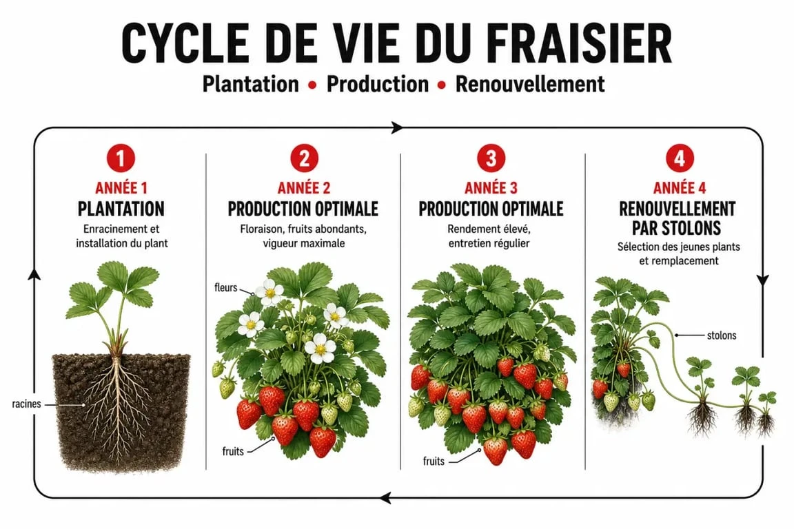 Schéma du cycle de vie et renouvellement des plants de fraisiers au potager