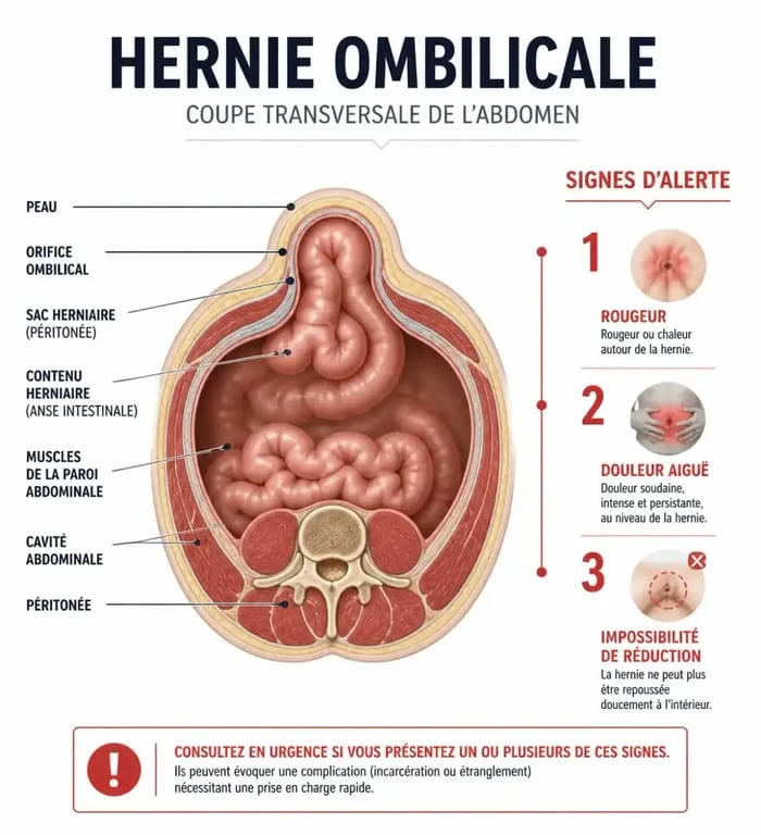 Schéma explicatif des signes d'alerte d'une hernie ombilicale pendant la grossesse