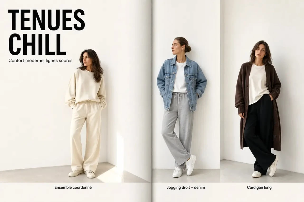 Moodboard tenue chill femme avec trois looks confortables et tendance