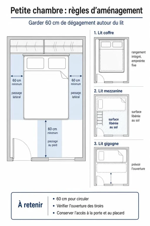 Schéma d'aménagement et comparatif des types de lits pour optimiser l'espace dans une petite chambre.