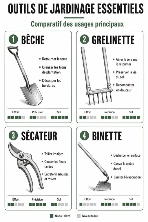 Infographie des outils de jardinage essentiels et leurs usages pour un potager réussi