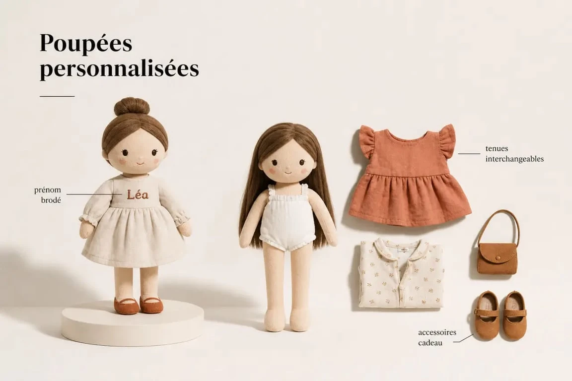 Poupée personnalisé avec prénom brodé, tenue et accessoires cadeau
