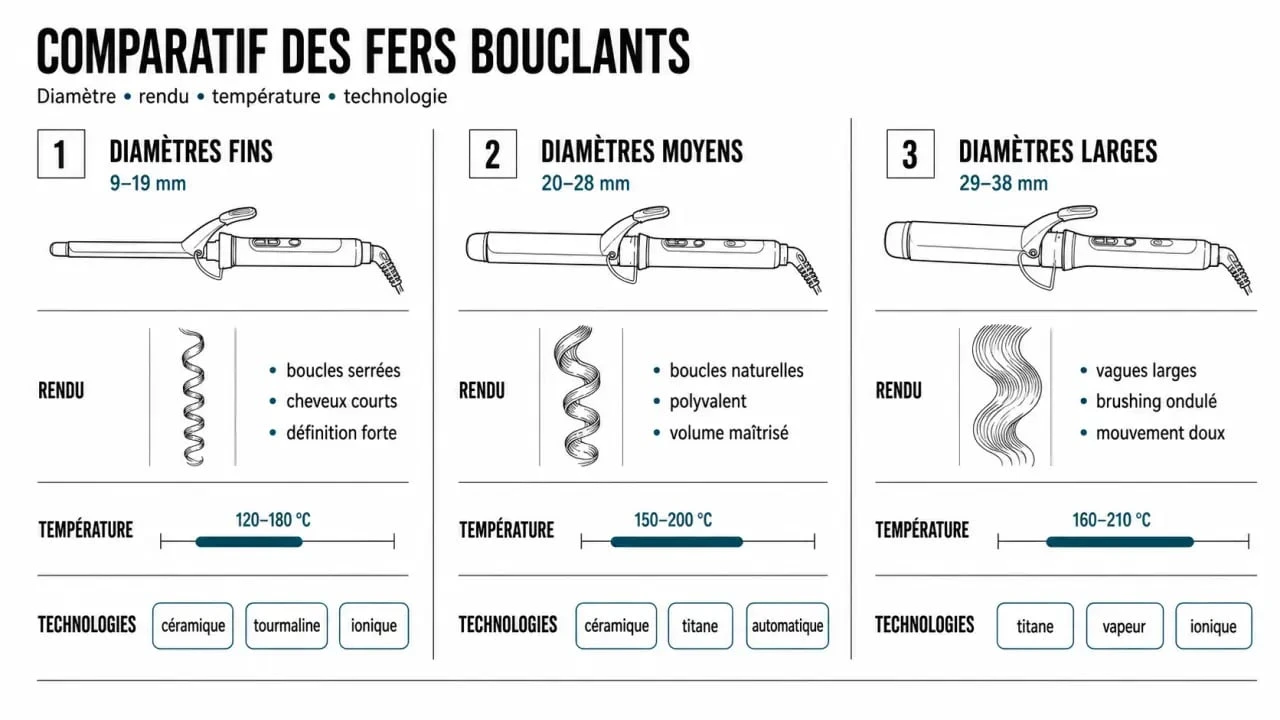 Fer bouclant : comparatif des diamètres, températures et technologies pour choisir le bon modèle
