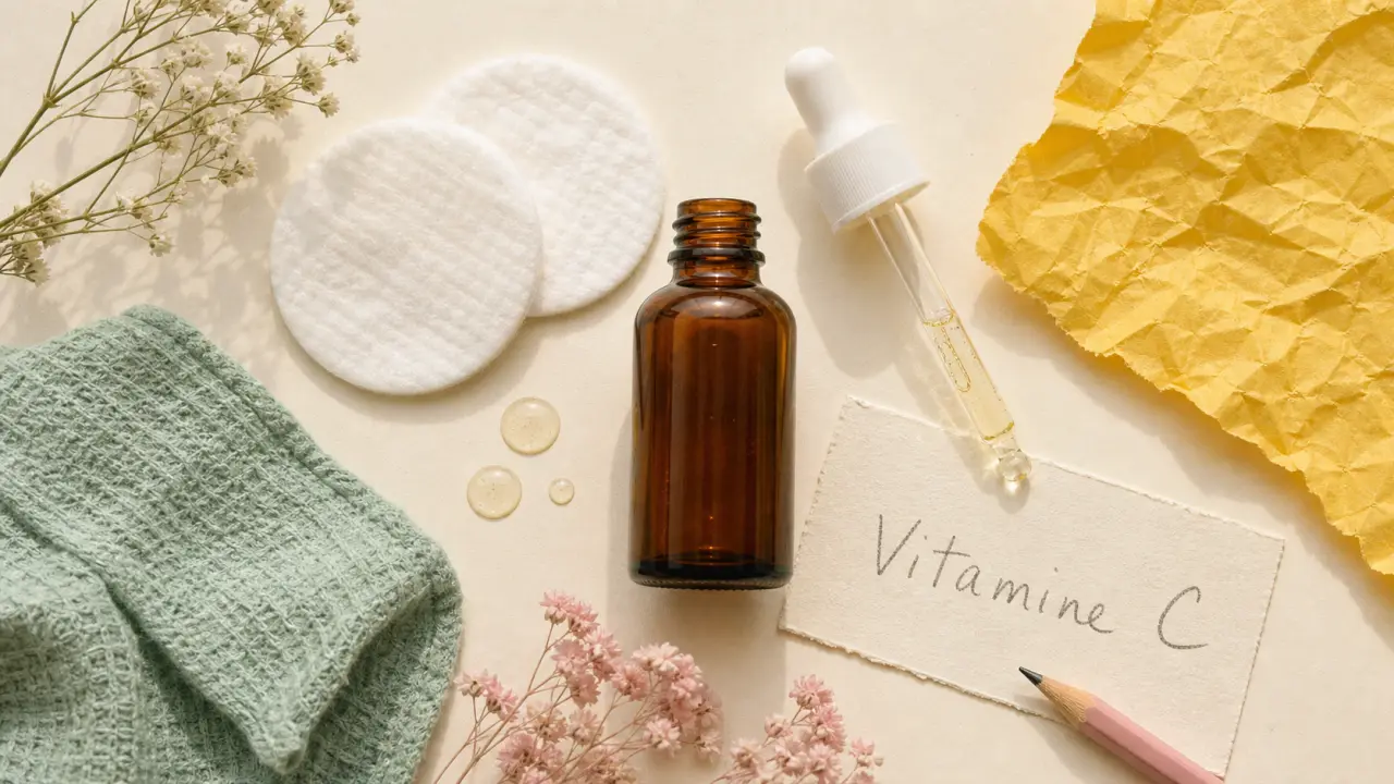 Meilleur sérum vitamine C : flacon ambré et gouttes de vitamine C