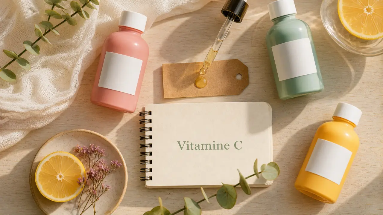 Meilleur sérum vitamine c : goutte dorée de sérum vitamine C sur table en bois