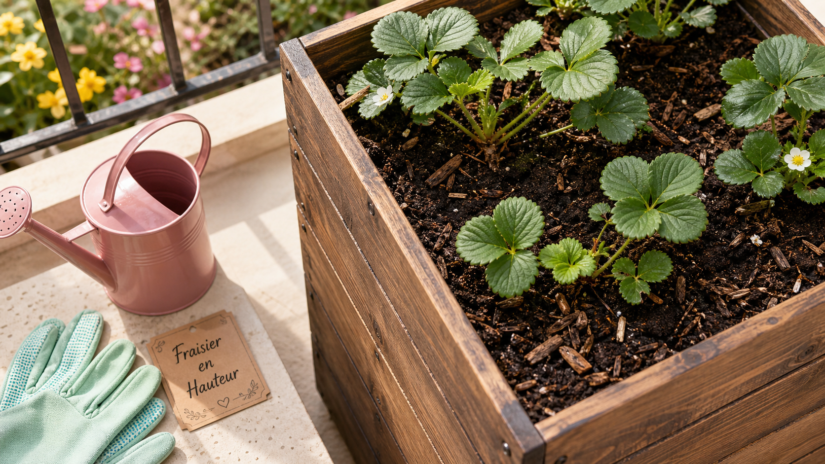 Plantation fraisier en hauteur : fraisiers en jardinière sur balcon