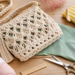 Sac macramé bandoulière sur table bois, fils de macramé et textures.
