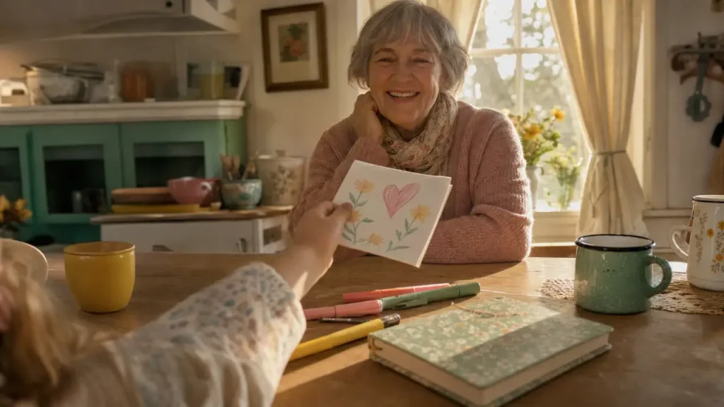 Surnom de grand mere moderne : grand-mère souriante et petit-enfant dans une cuisine familiale