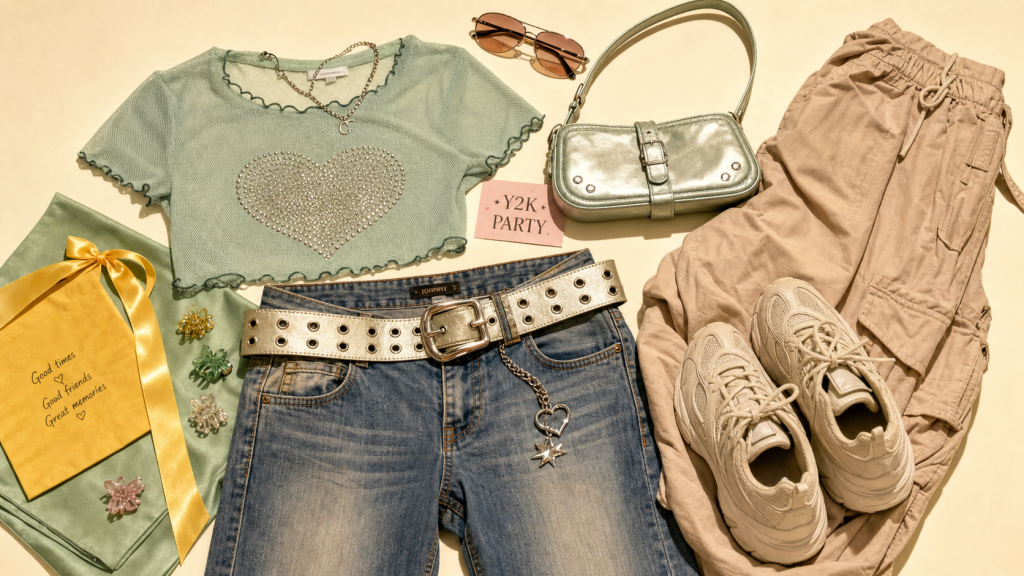 Tenue annee 2000 Y2K : jean taille basse, strass et accessoires