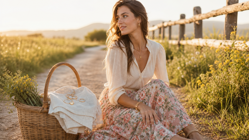 Tenue champetre femme : robe fluide midi, panier en osier et bijoux dorés