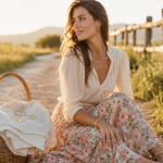 Tenue champetre femme : robe fluide midi, panier en osier et bijoux dorés
