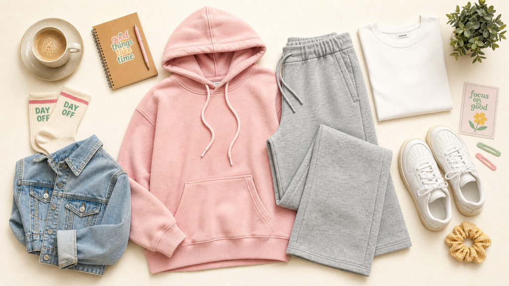 Tenue chill femme en loungewear rose poudré, tee-shirt blanc et baskets