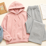 Tenue chill femme en loungewear rose poudré, tee-shirt blanc et baskets