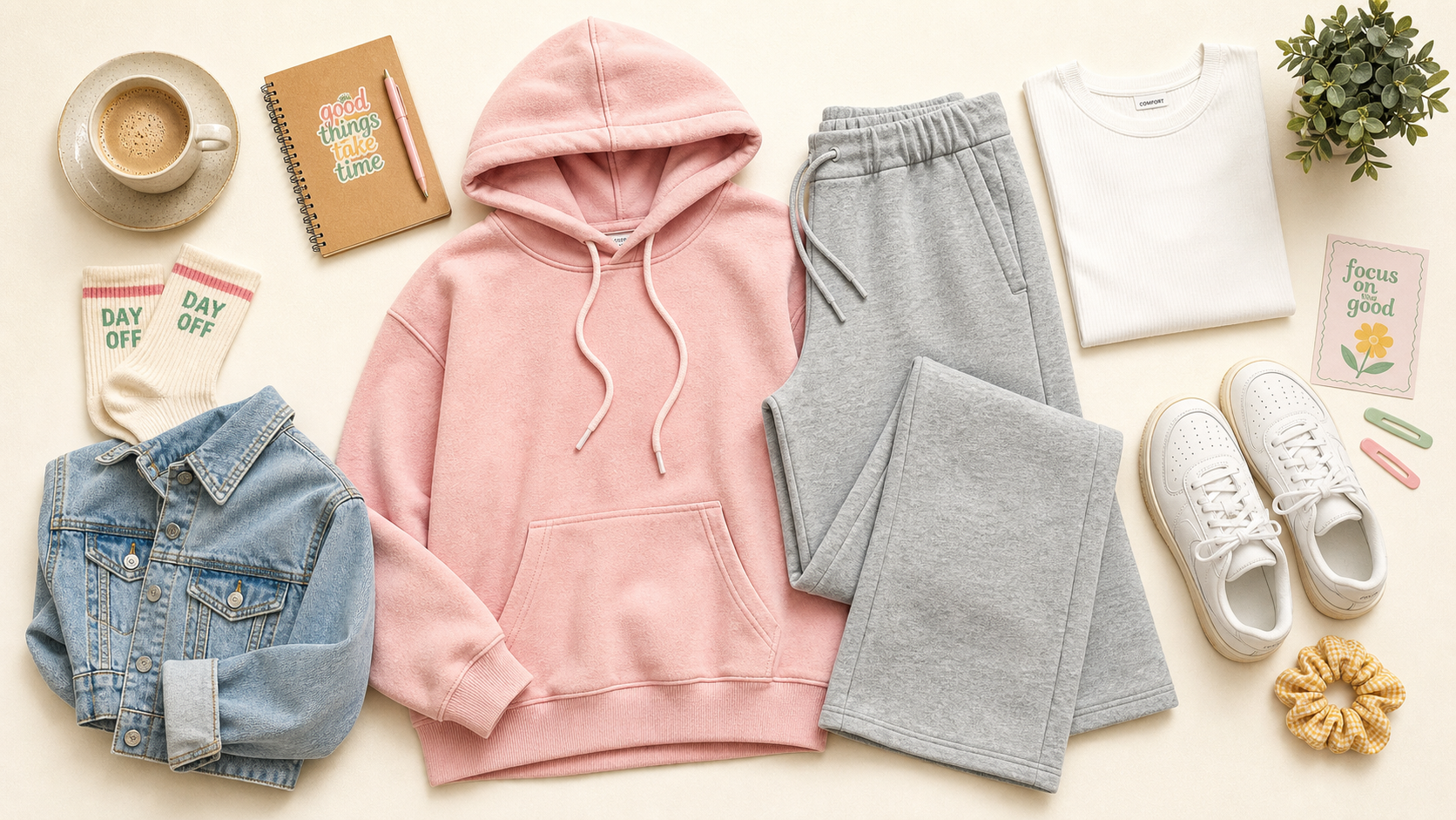 Tenue chill femme en loungewear rose poudré, tee-shirt blanc et baskets