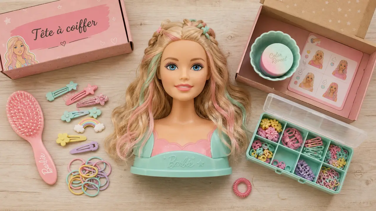 Tete a coiffer barbie avec 22 accessoires et Color Reveal