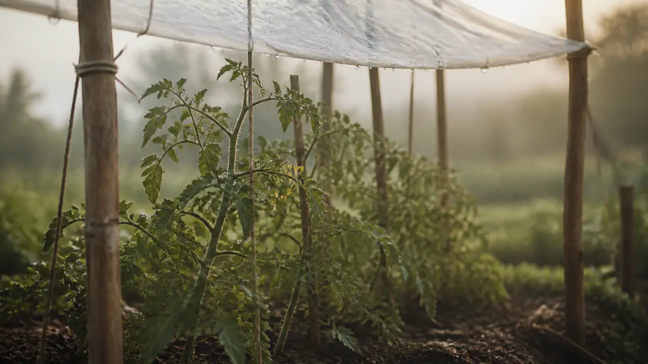 Abri tomates fait maison sous bâche, plants tuteurés au sec