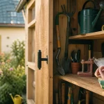 Cabane à outil de jardin en bois et résine, rangement outils