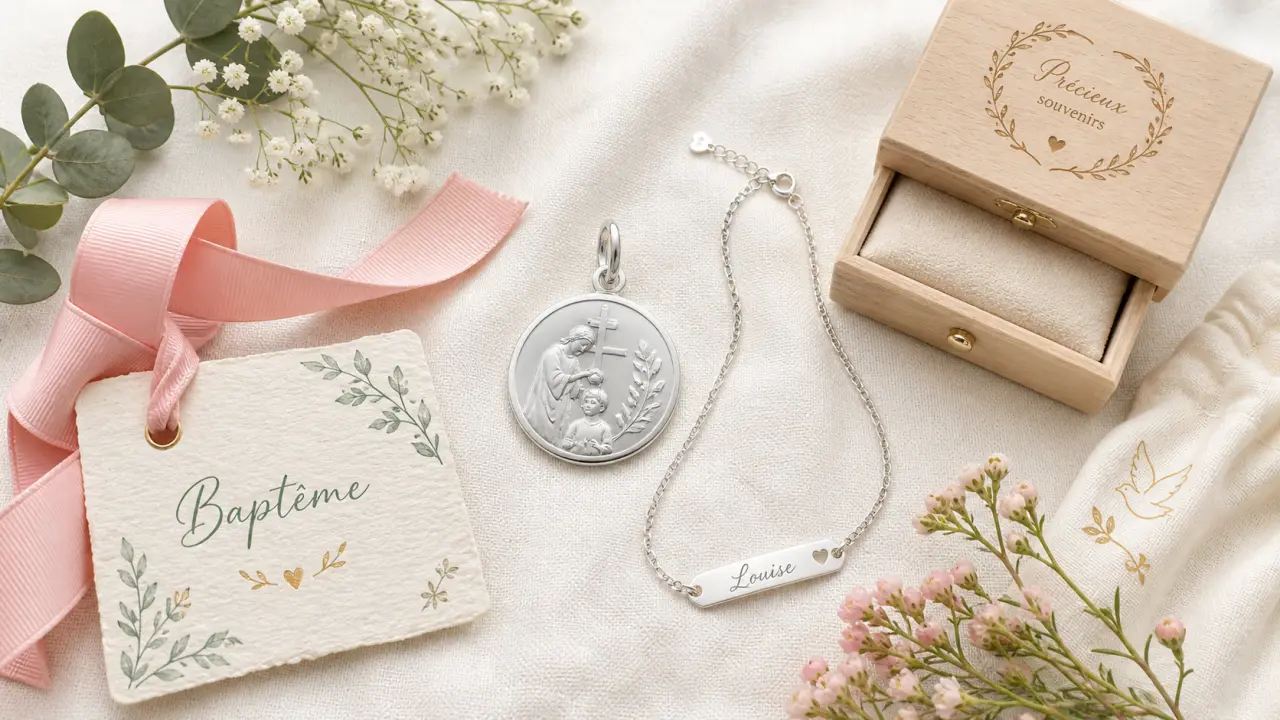 cadeau bapteme pour garcon : médaille et gourmette sur fond ivoire