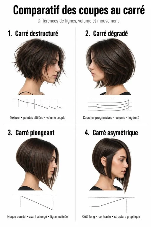 Différences entre carré destructuré, carré dégradé, carré plongeant et carré asymétrique