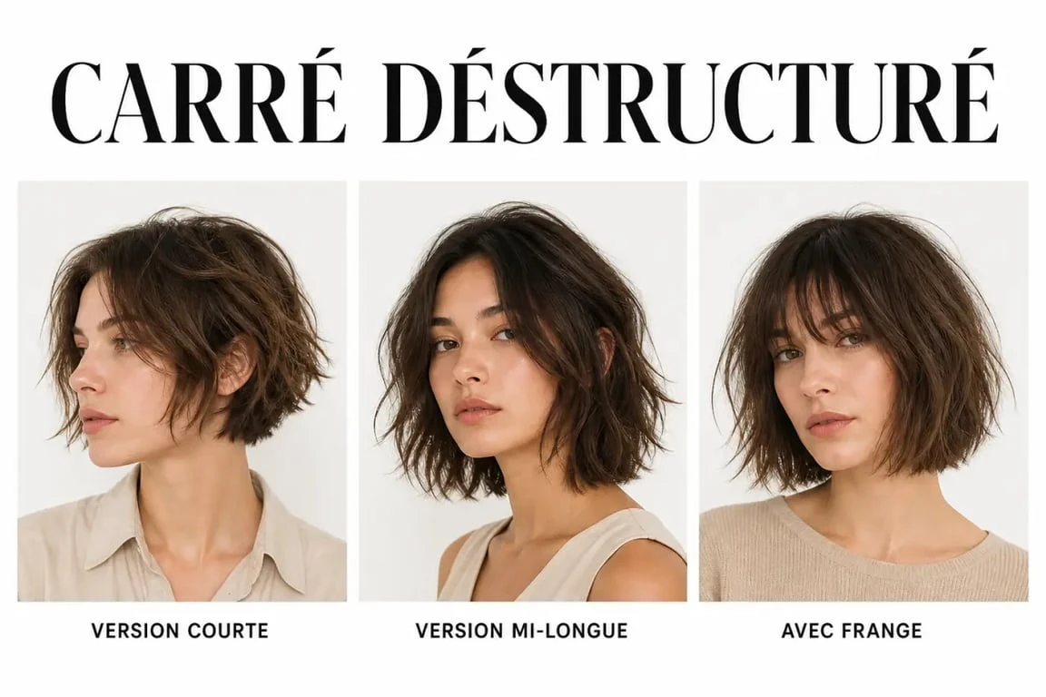 Carré destructuré en trois variantes de coupe de cheveux pour visualiser le rendu