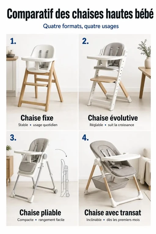 Meilleure chaise haute : comparatif visuel des modèles fixe, évolutive, pliable et transat