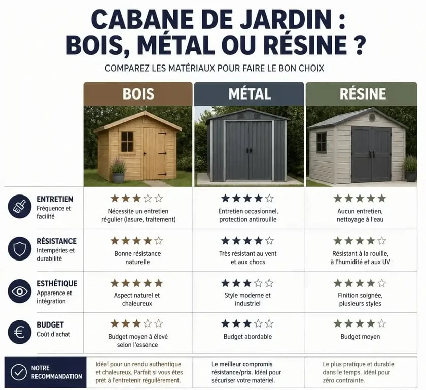 Comparatif des matériaux pour cabane à outil de jardin : bois, métal et résine