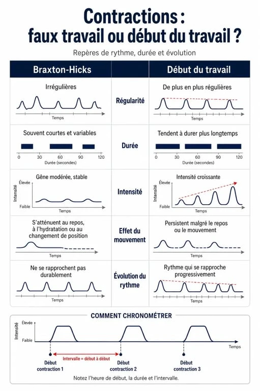 Reconnaître les contractions de début de travail : comparaison visuelle entre Braxton-Hicks et vraies contractions