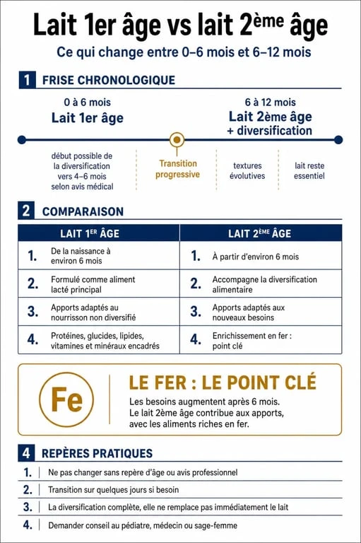 Différence lait 1er et 2eme age : comparatif visuel entre 0-6 mois et 6-12 mois avec le fer et la diversification alimentaire
