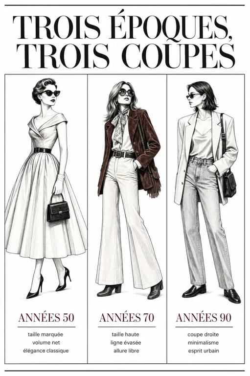 Vêtements vintage femme : trois tenues inspirées des années 50, 70 et 90 en composition éditoriale