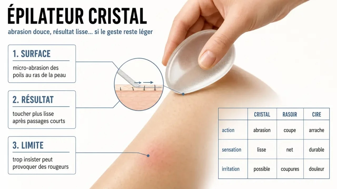 Épilateur cristal avis : infographie comparative des avantages, limites et risques par rapport au rasoir et à la cire