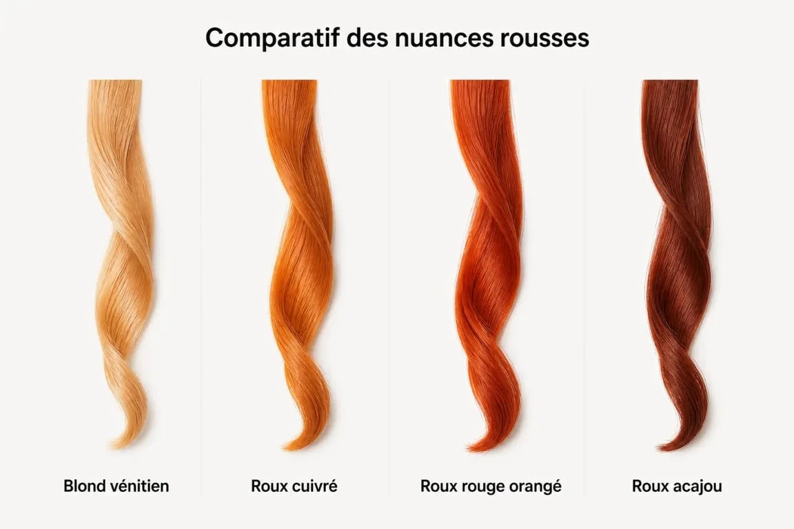 Roux cheveux : comparatif visuel des nuances blond vénitien, cuivré, rouge orangé et acajou